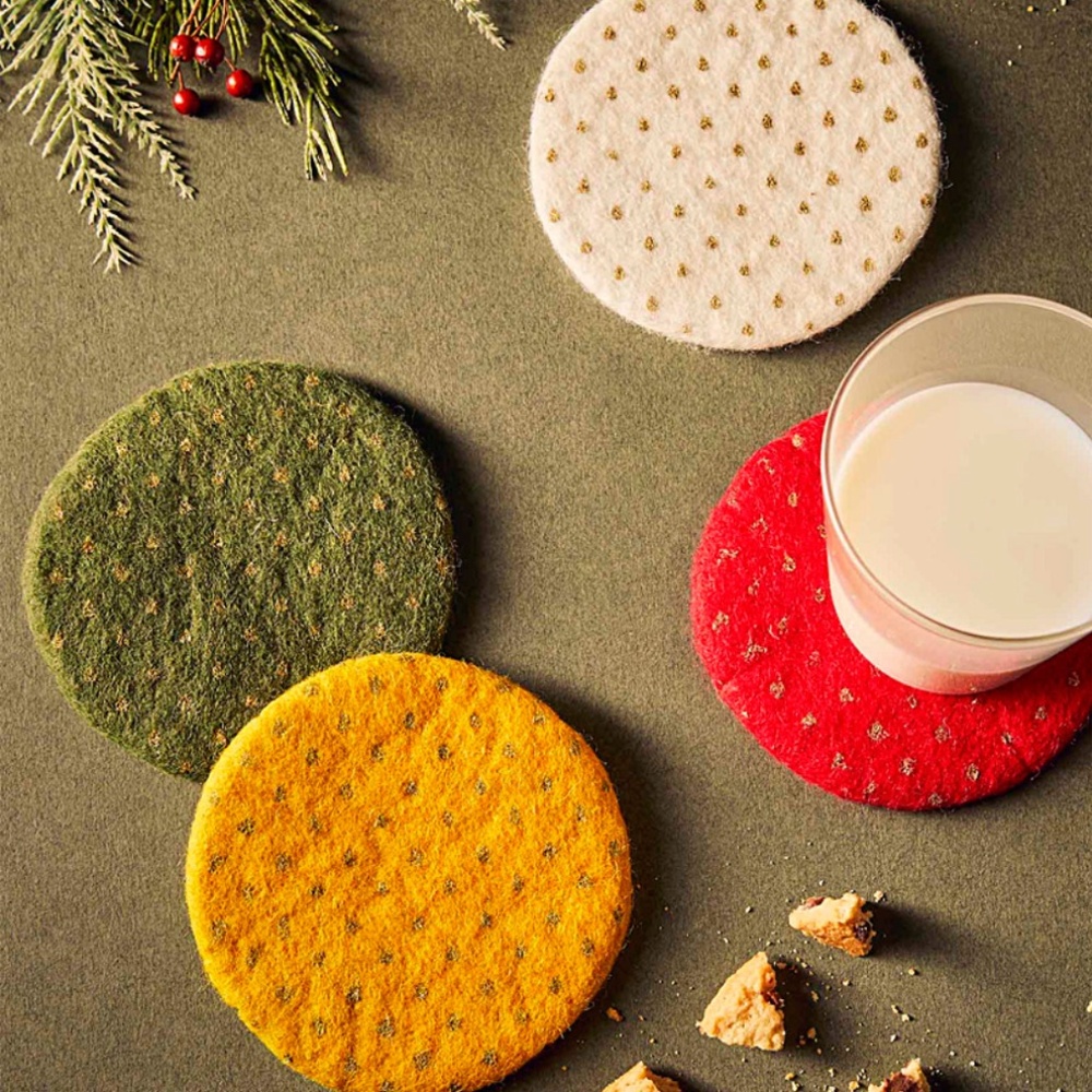 Golden dots colourful wool coasters handcrafted in Nepal NWT